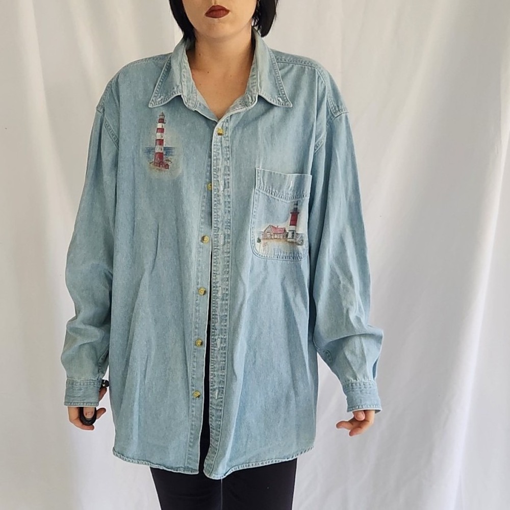 90s/00s Lighthouse Theme‎ Denim Button Down